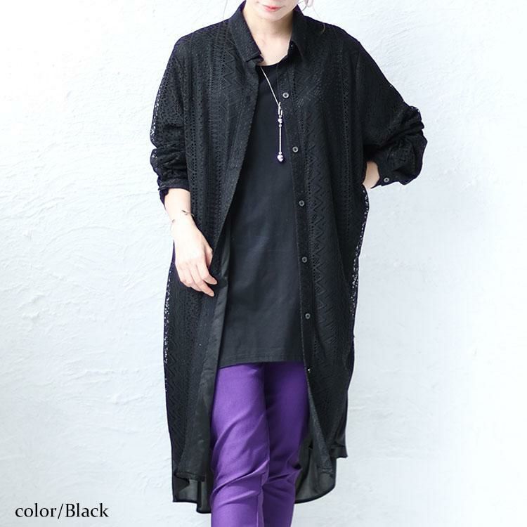 大きいサイズ レディース フェイクレイヤードレースシャツワンピース　bro-0025 ブラック