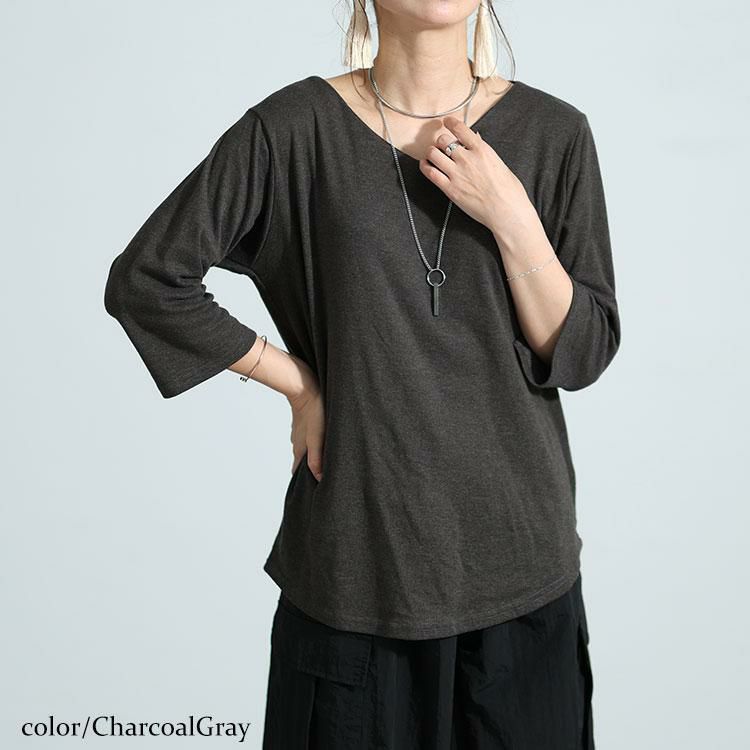 大きいサイズ レディース Vネック7分袖カットソー　wk-0446 【メール便可】 チャコールグレー