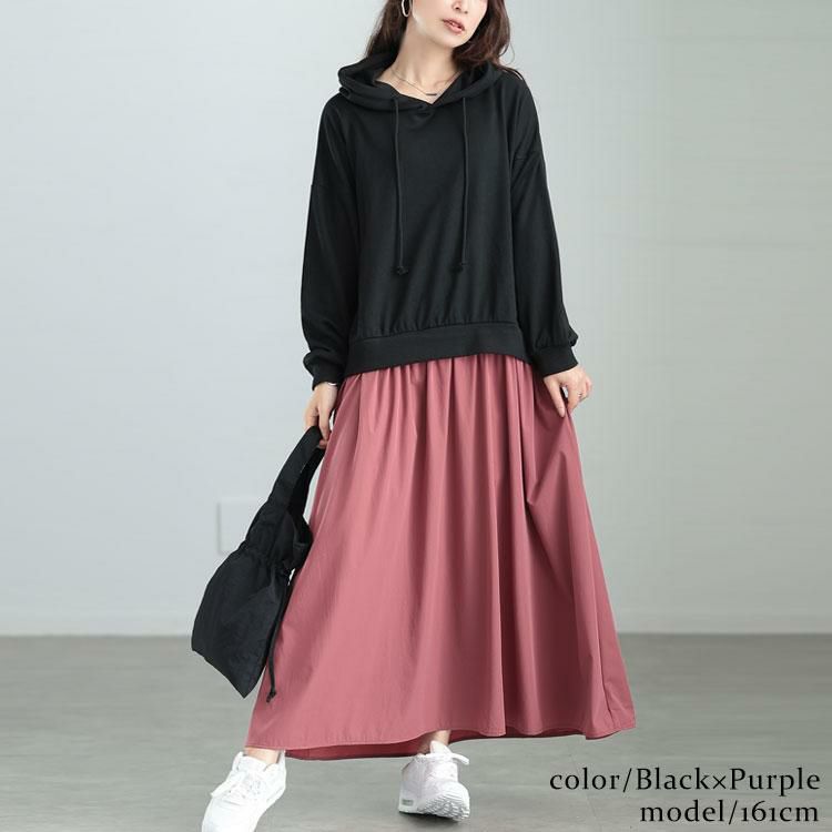 大きいサイズ レディース パーカードッキングワンピース　nw-23035 ブラック×パープル