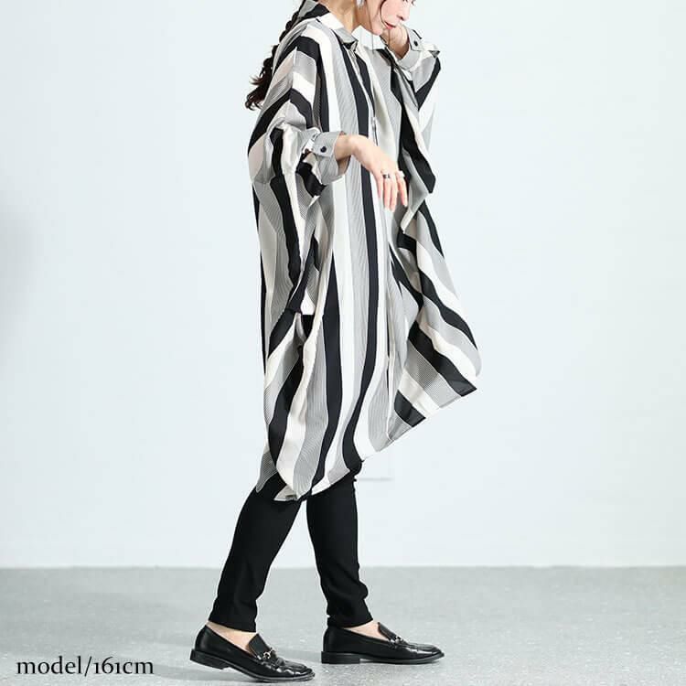 大きいサイズ レディース ストライプ柄ドルマンシャツチュニック nw