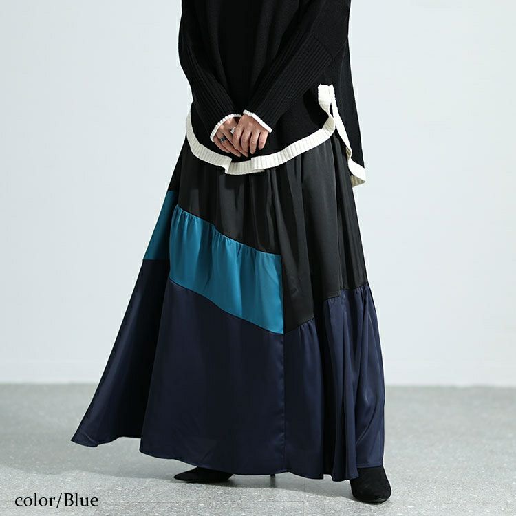 大きいサイズ レディース サテン切り替え配色スカート　sw-0576