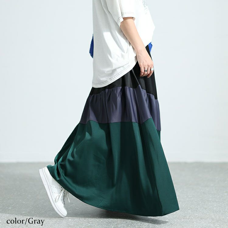 大きいサイズ レディース サテン切り替え配色スカート　sw-0576