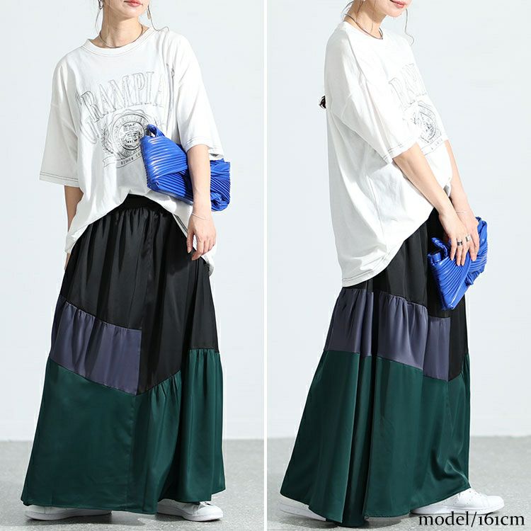 大きいサイズ レディース サテン切り替え配色スカート　sw-0576