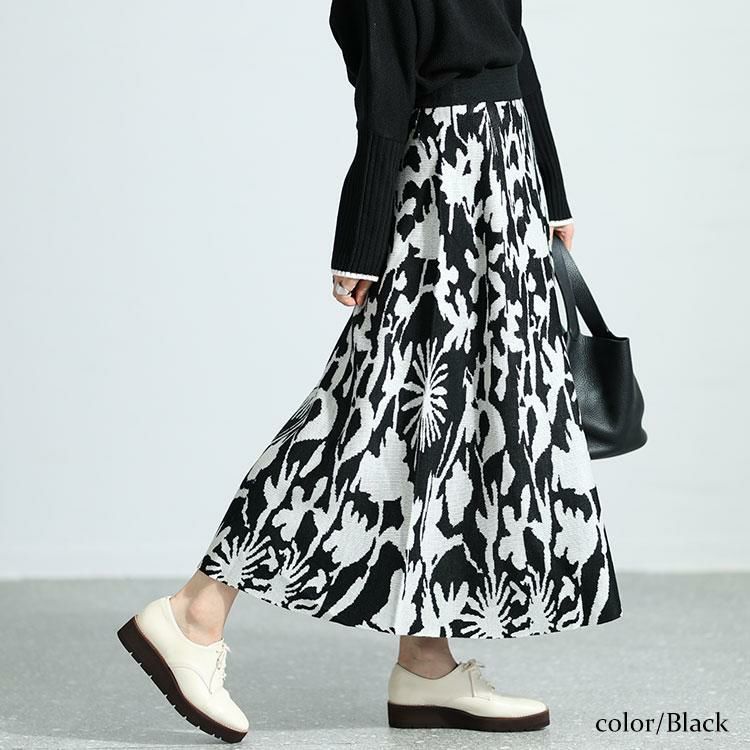 大きいサイズ レディース 花柄ジャガード編みニットスカート　bro-0023 ブラック