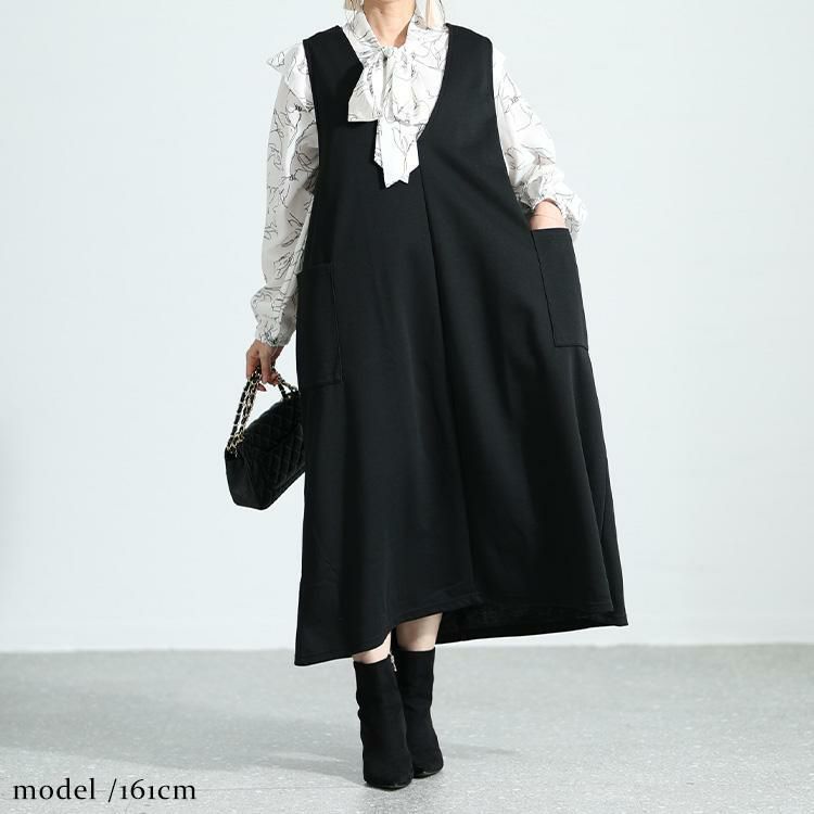 大きいサイズ レディース サイドポケット付きジャンパースカート　cast-5536021 ブラック