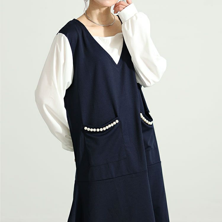 大きいサイズ レディース フェイクレイヤードパールボタン付きワンピース　mncut-132551