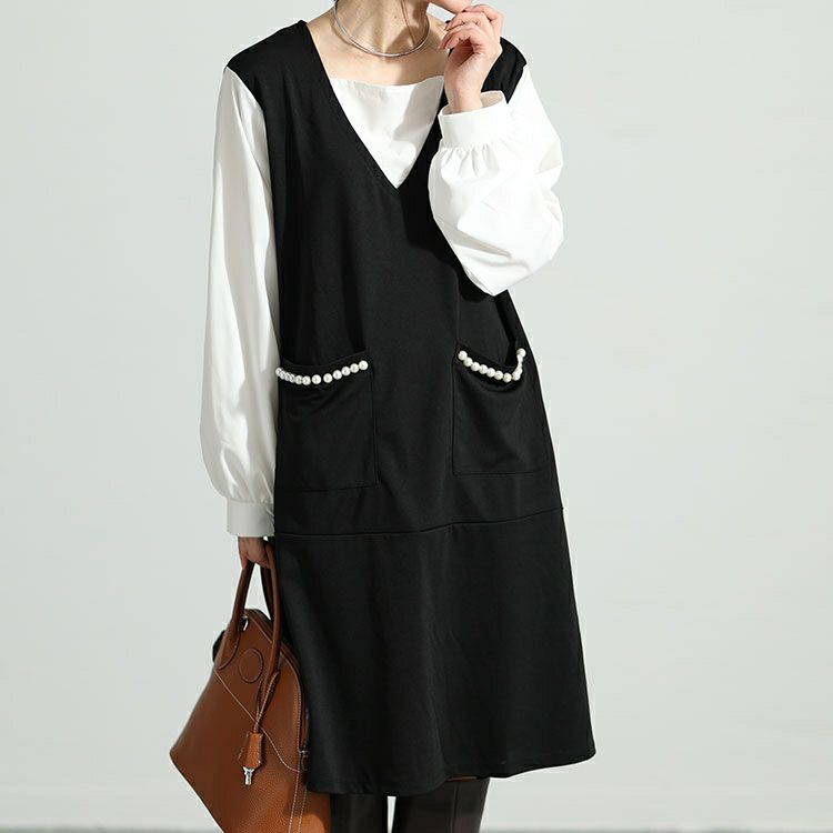 大きいサイズ レディース フェイクレイヤードパールボタン付きワンピース　mncut-132551