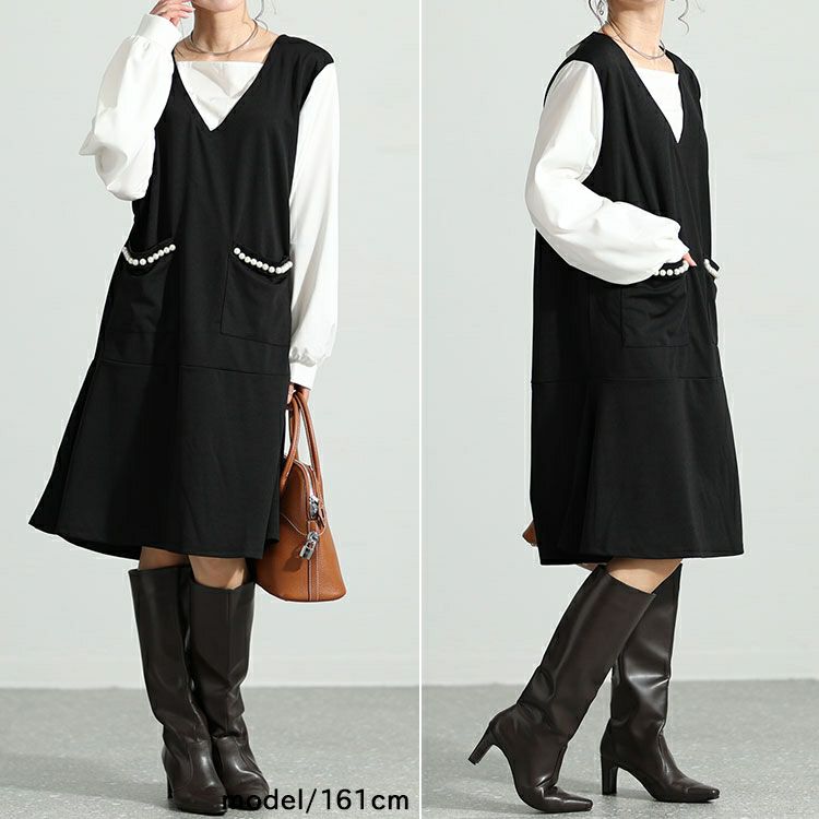 大きいサイズ レディース フェイクレイヤードパールボタン付きワンピース　mncut-132551