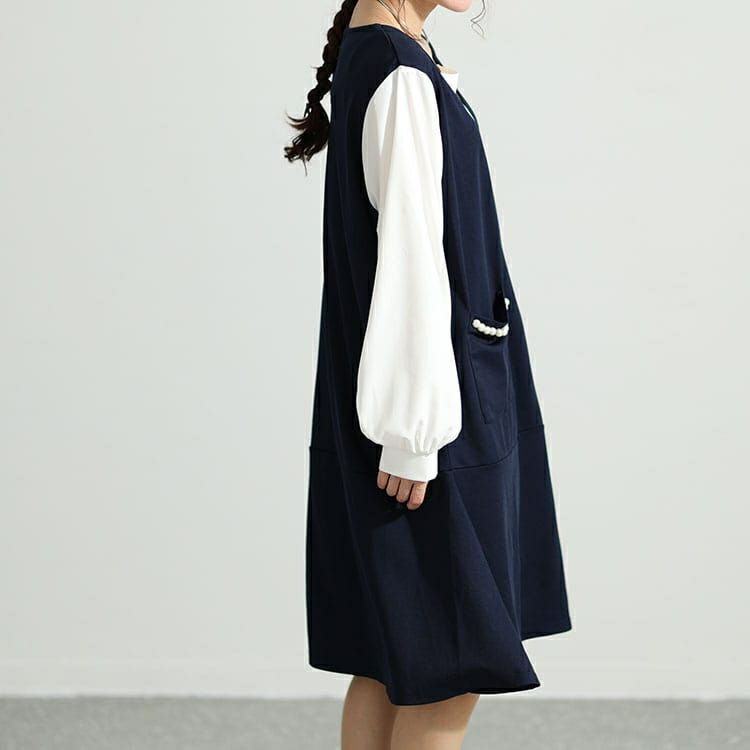 大きいサイズ レディース フェイクレイヤードパールボタン付きワンピース　mncut-132551