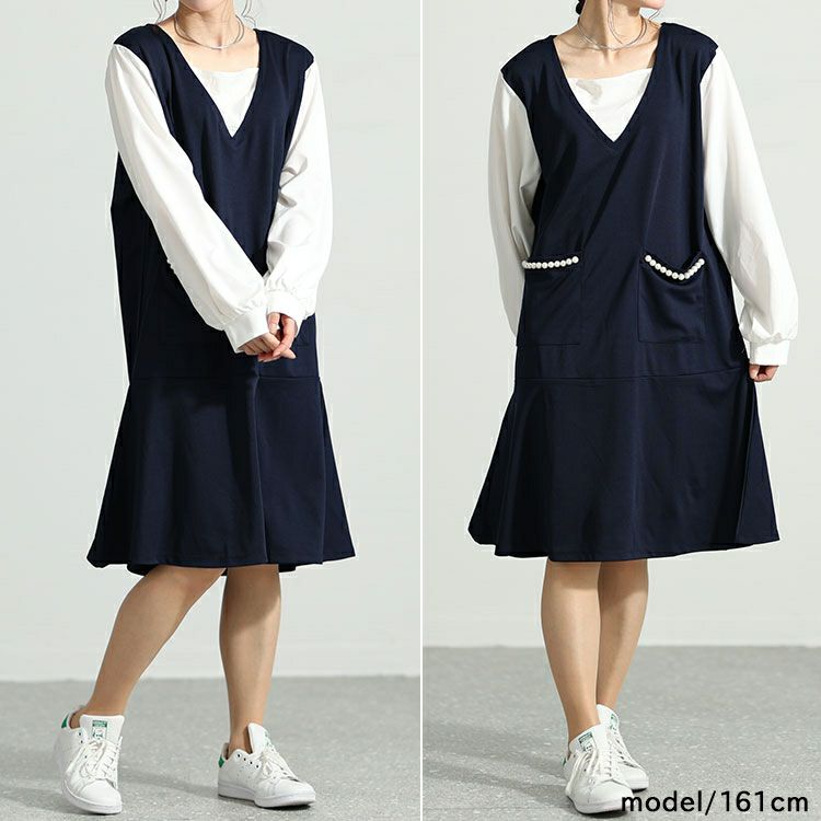 大きいサイズ レディース フェイクレイヤードパールボタン付きワンピース　mncut-132551