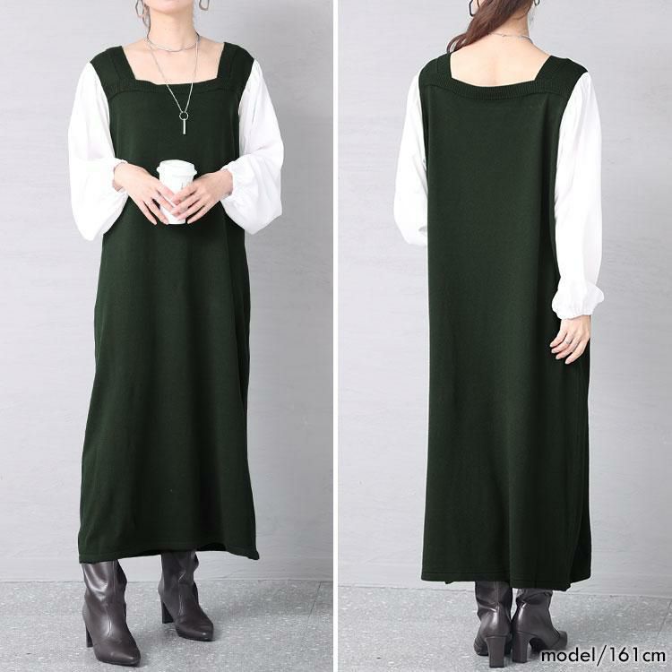 大きいサイズ レディース 異素材切替えニットワンピース　fem-399 モスグリーン