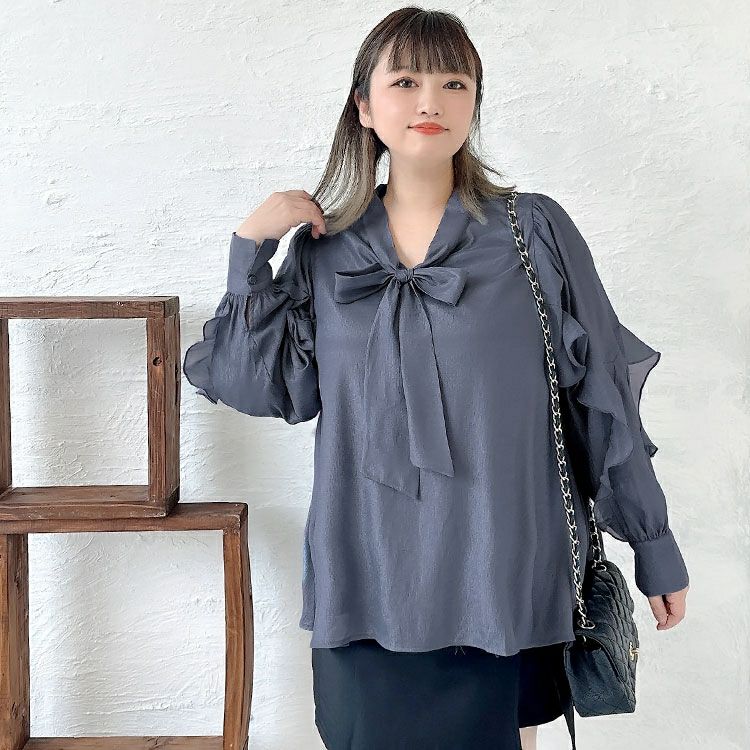 大きいサイズ レディース ボウタイオーガンジーブラウス　fem-391