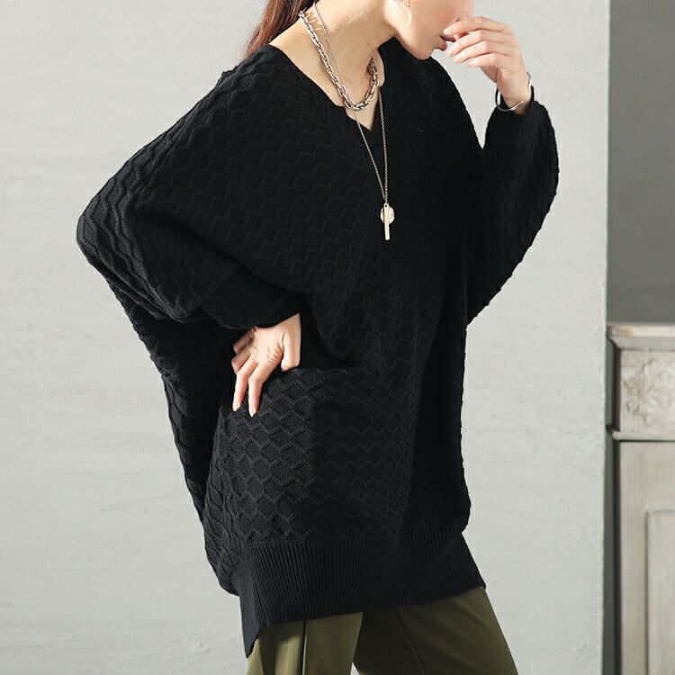 大きいサイズ レディース ハニカム編みキーネックドルマンニットチュニック　maru-3004