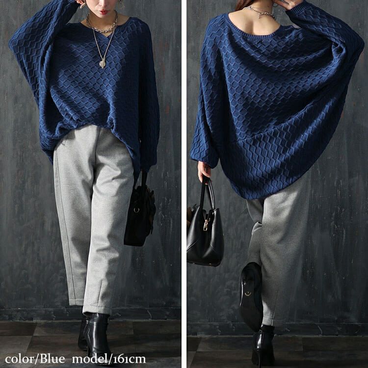 大きいサイズ レディース ハニカム編みキーネックドルマンニットチュニック　maru-3004