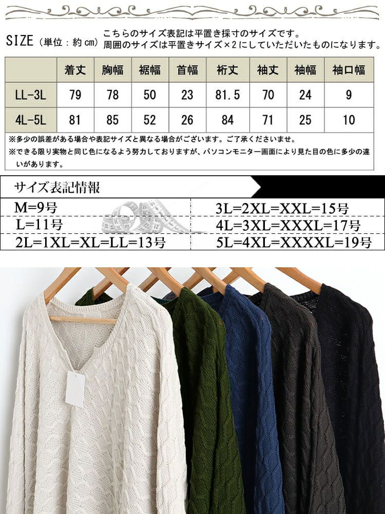 大きいサイズ レディース ハニカム編みキーネックドルマンニットチュニック　maru-3004