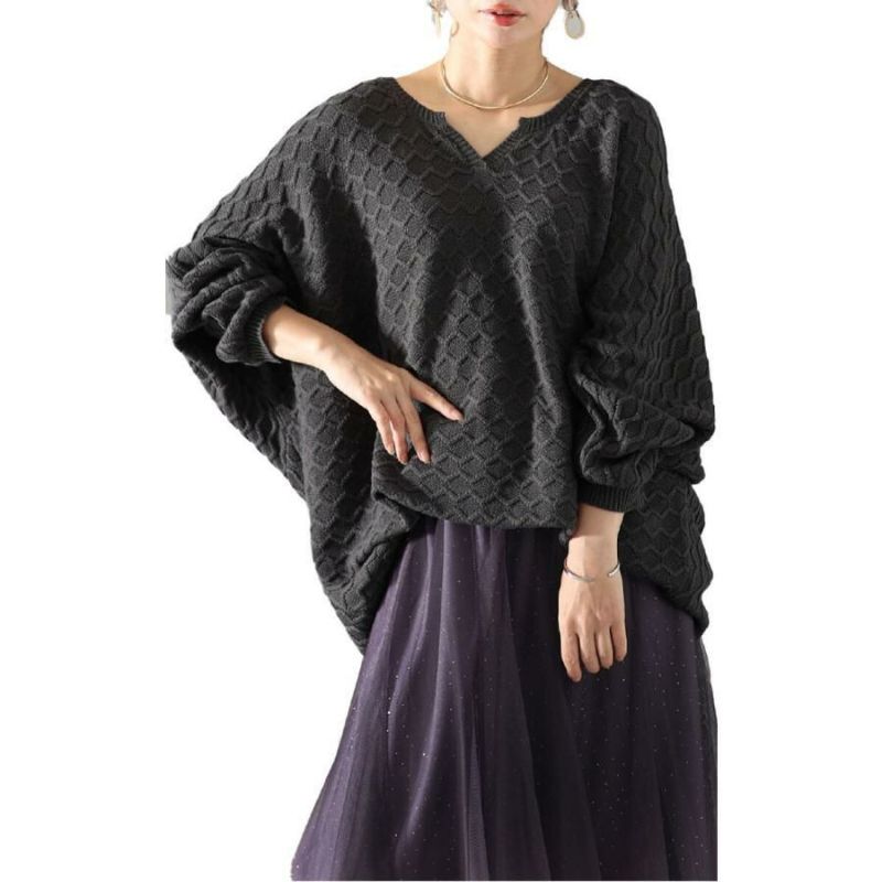 大きいサイズ レディース ハニカム編みキーネックドルマンニットチュニック　maru-3004 グレー