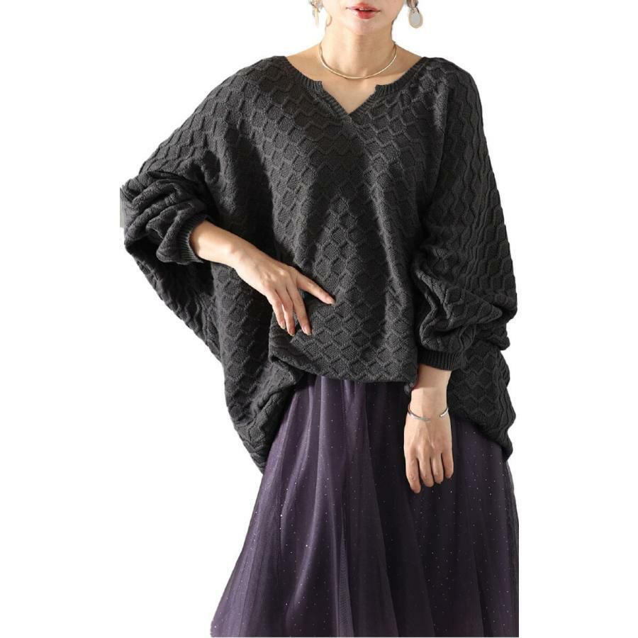 大きいサイズ レディース ハニカム編みキーネックドルマンニットチュニック　maru-3004 グレー