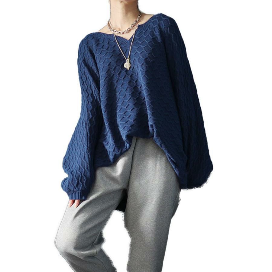 大きいサイズ レディース ハニカム編みキーネックドルマンニットチュニック　maru-3004 ブルー