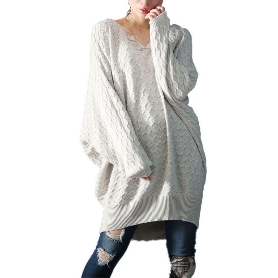 大きいサイズ レディース ハニカム編みキーネックドルマンニットチュニック　maru-3004 オフホワイト