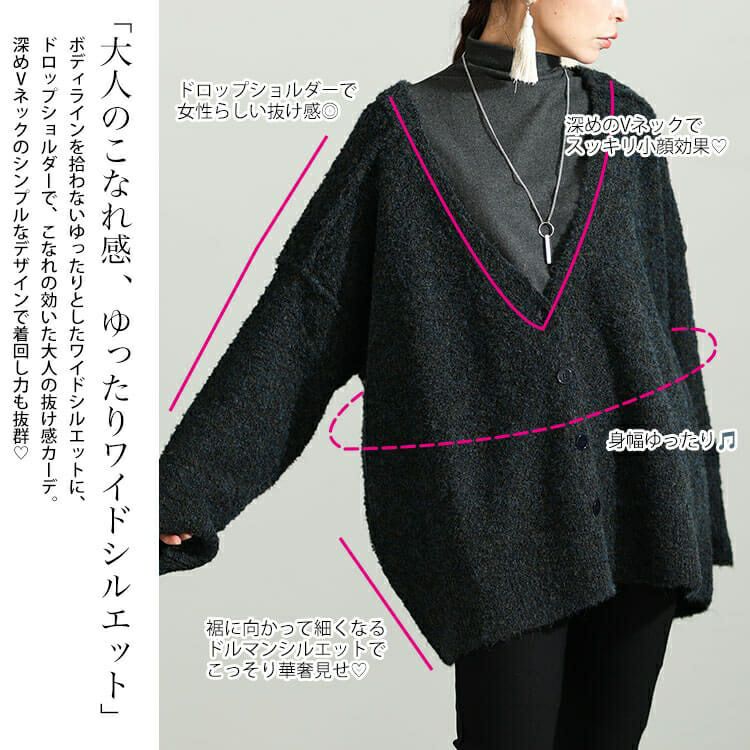 大きいサイズ レディース ミックスニットVネックドロップショルダーカーディガン　maru-3002