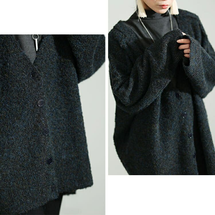 大きいサイズ レディース ミックスニットVネックドロップショルダーカーディガン　maru-3002