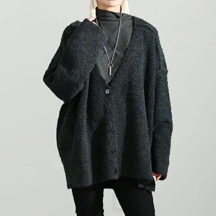 大きいサイズ レディース ミックスニットVネックドロップショルダーカーディガン　maru-3002