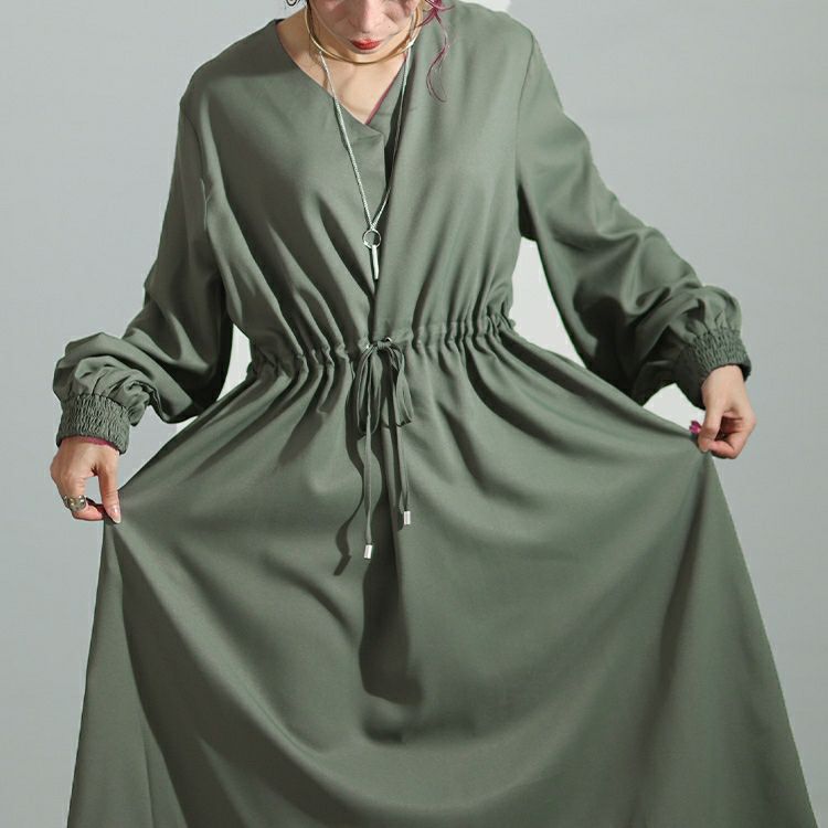 大きいサイズ レディース ウエストブラウジングVネックワンピース　maru-6719