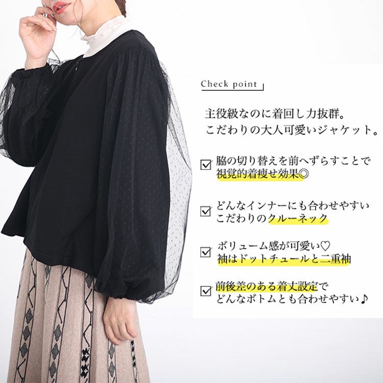 大きいサイズ レディース ドットチュールスリーブスムースジャケット　maru-6712
