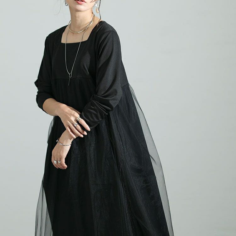 大きいサイズ レディース スクエアネックチュールドッキングワンピース　maru-6709