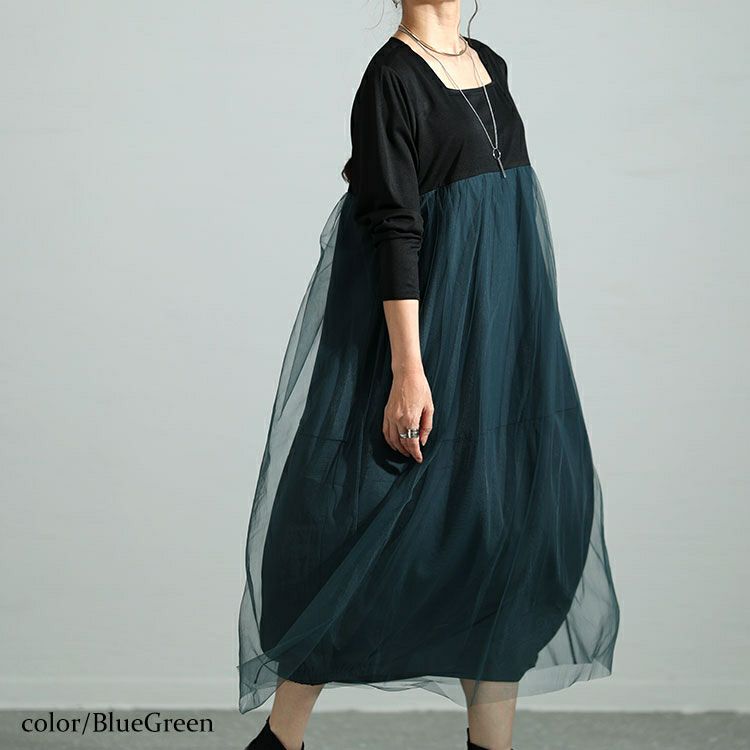 大きいサイズ レディース スクエアネックチュールドッキングワンピース　maru-6709