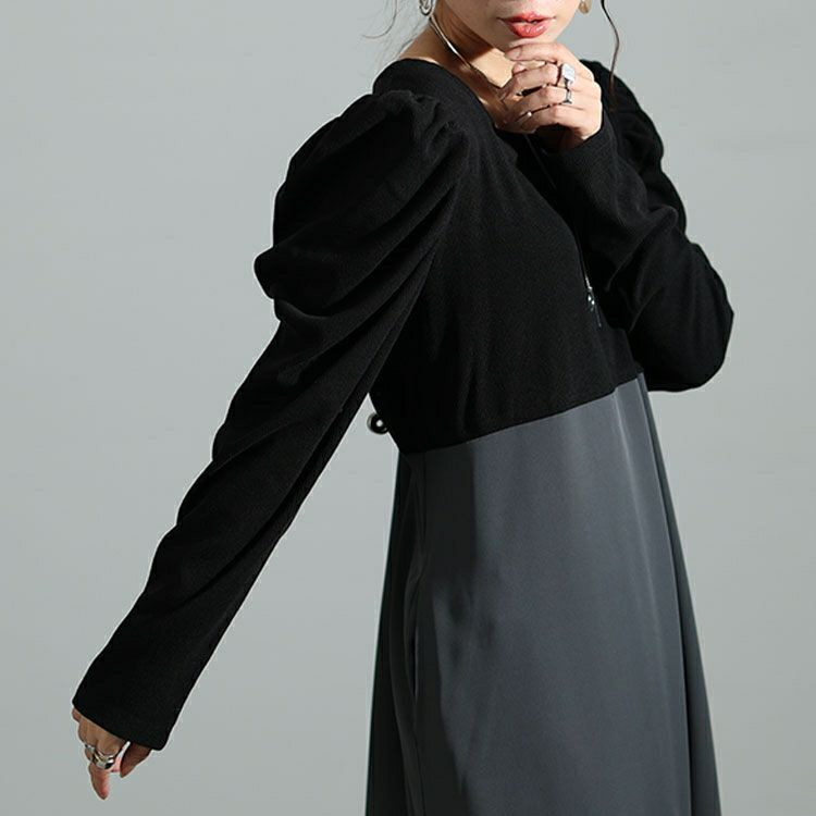 大きいサイズ レディース 異素材ドッキングパワショルワンピース　maru-6708