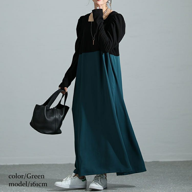 大きいサイズ レディース 異素材ドッキングパワショルワンピース　maru-6708