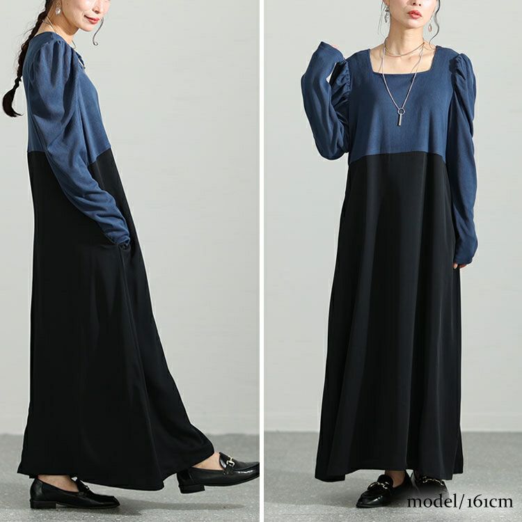 大きいサイズ レディース 異素材ドッキングパワショルワンピース　maru-6708