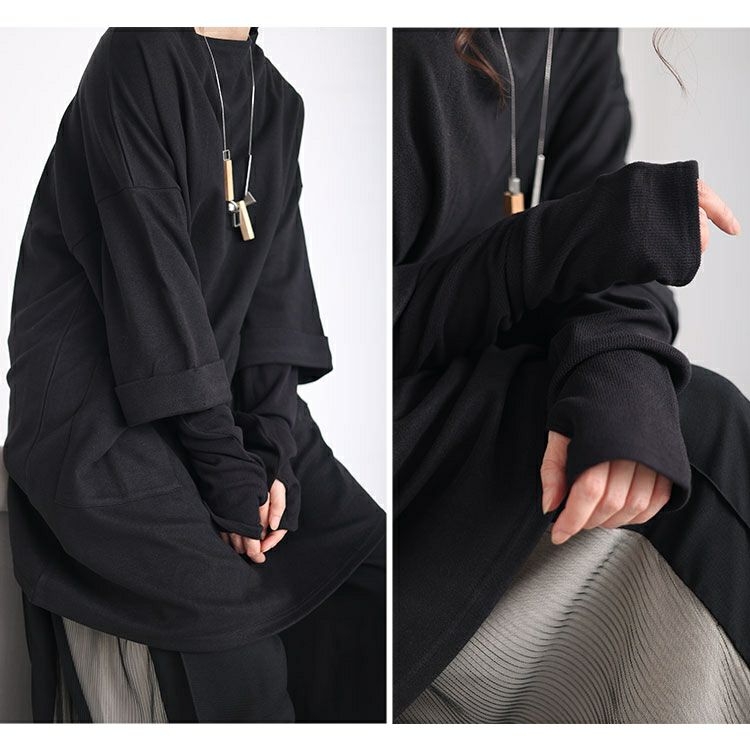 大きいサイズ レディース 指穴フェイクレイヤードニットソーチュニック　maru-6706