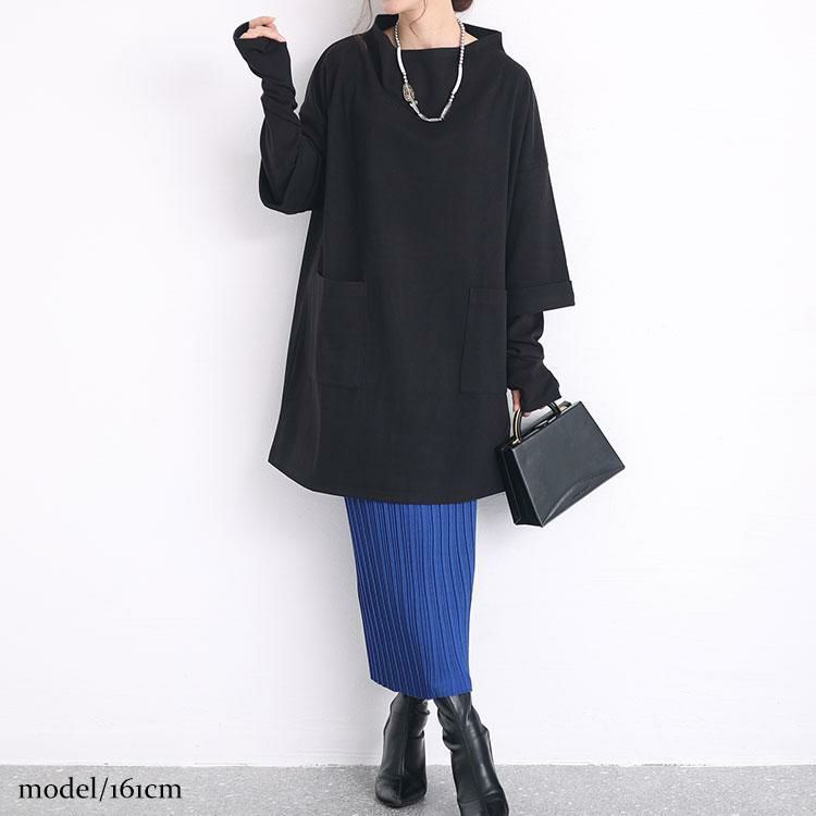 大きいサイズ レディース 指穴フェイクレイヤードニットソーチュニック　maru-6706 ブラック