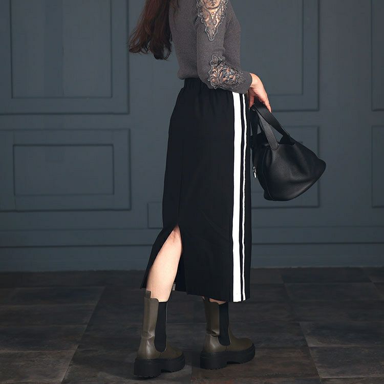 大きいサイズ レディース ストレッチツイルサイドライン入りナロースカート　maru-6705