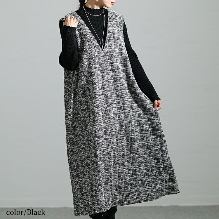 大きいサイズ レディース ストレッチツイードVネックジャンパースカート　maru-6698