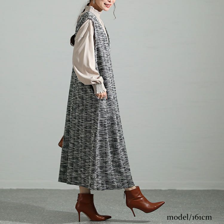 大きいサイズ レディース ストレッチツイードVネックジャンパースカート　maru-6698