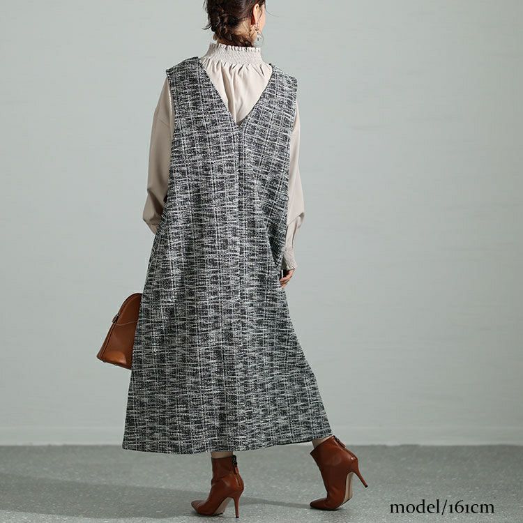 大きいサイズ レディース ストレッチツイードVネックジャンパースカート　maru-6698