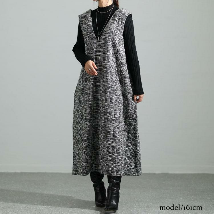 大きいサイズ レディース ストレッチツイードVネックジャンパースカート　maru-6698 ブラック