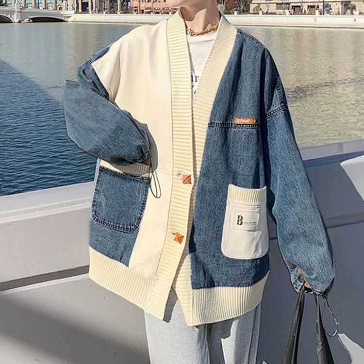 大きいサイズ レディース 異素材デニムカーディガン　goldy-1393 ブルー