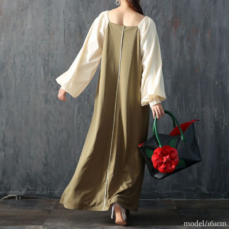 大きいサイズ レディース 袖切替パイピングロングワンピース　maru-6704