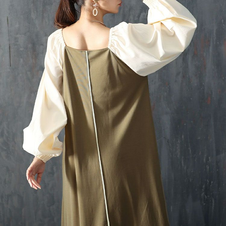 大きいサイズ レディース 袖切替パイピングロングワンピース　maru-6704