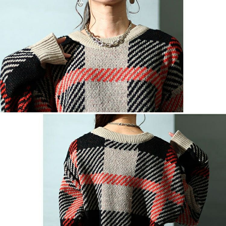 大きいサイズ レディース チェックジャガードニット　bro-0022