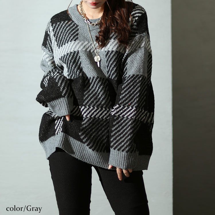 大きいサイズ レディース チェックジャガードニット　bro-0022