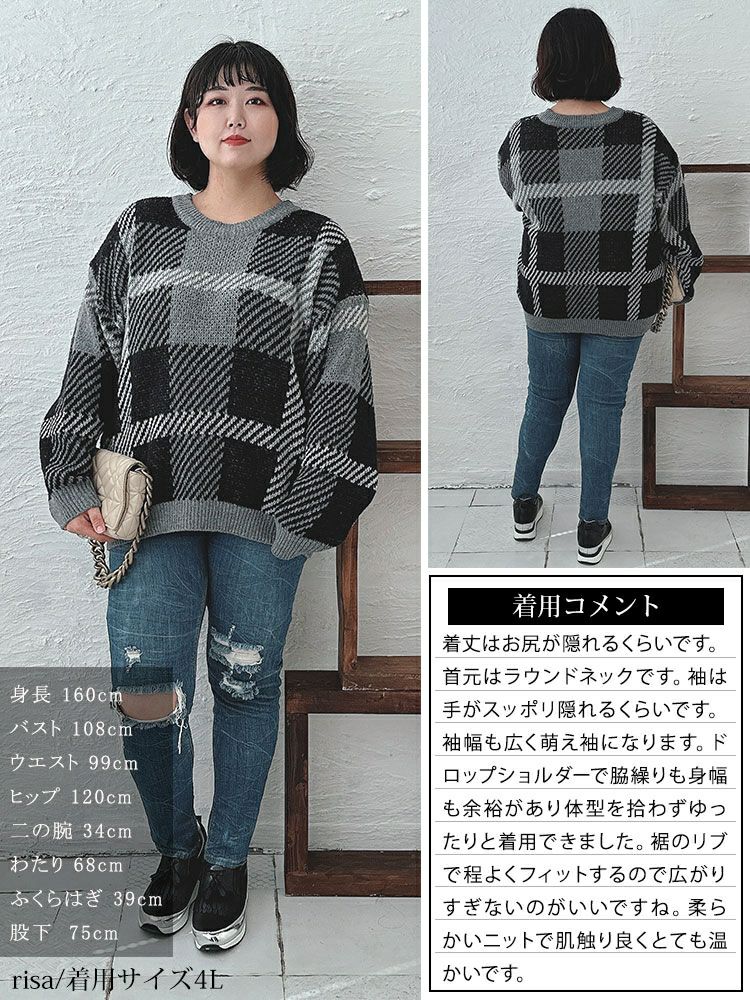 大きいサイズ レディース チェックジャガードニット　bro-0022