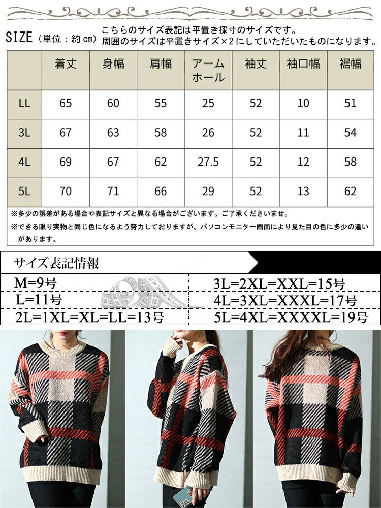 大きいサイズ レディース チェックジャガードニット　bro-0022