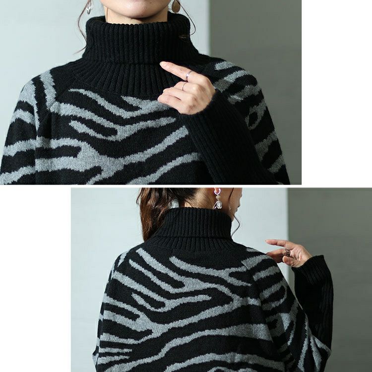 大きいサイズ レディース ゼブラ柄タートルドルマンニット　bro-0021
