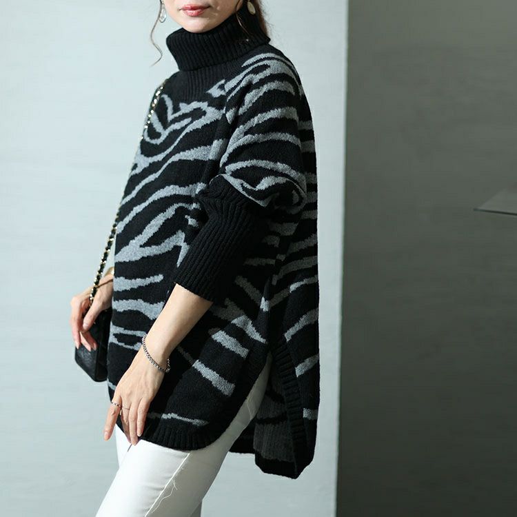 大きいサイズ レディース ゼブラ柄タートルドルマンニット bro-0021
