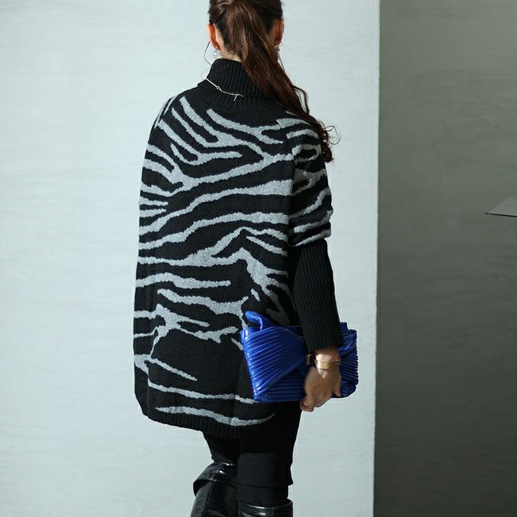大きいサイズ レディース ゼブラ柄タートルドルマンニット　bro-0021